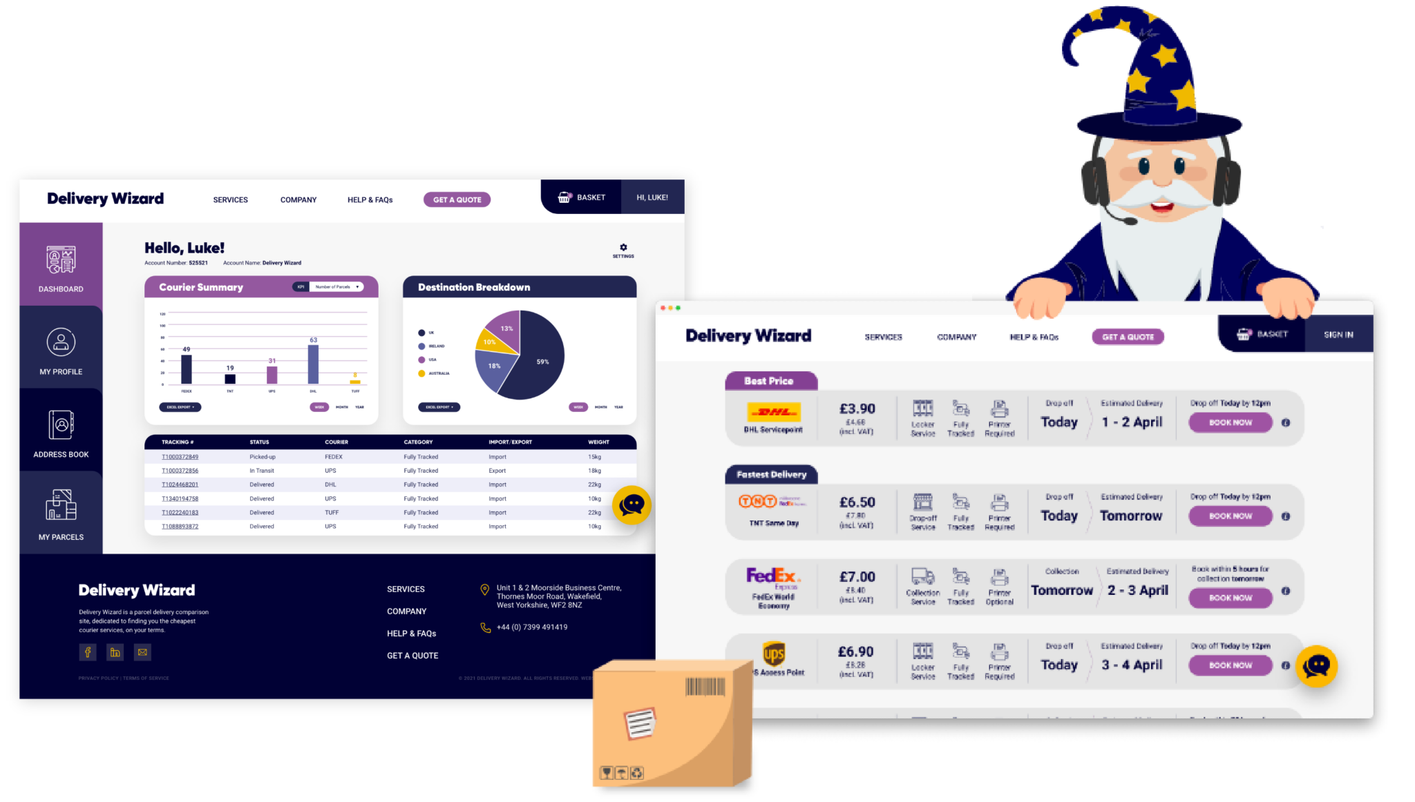 Screenshot of Delivery Wizard Dashboard and Quote page alongside graphics of a wizard.