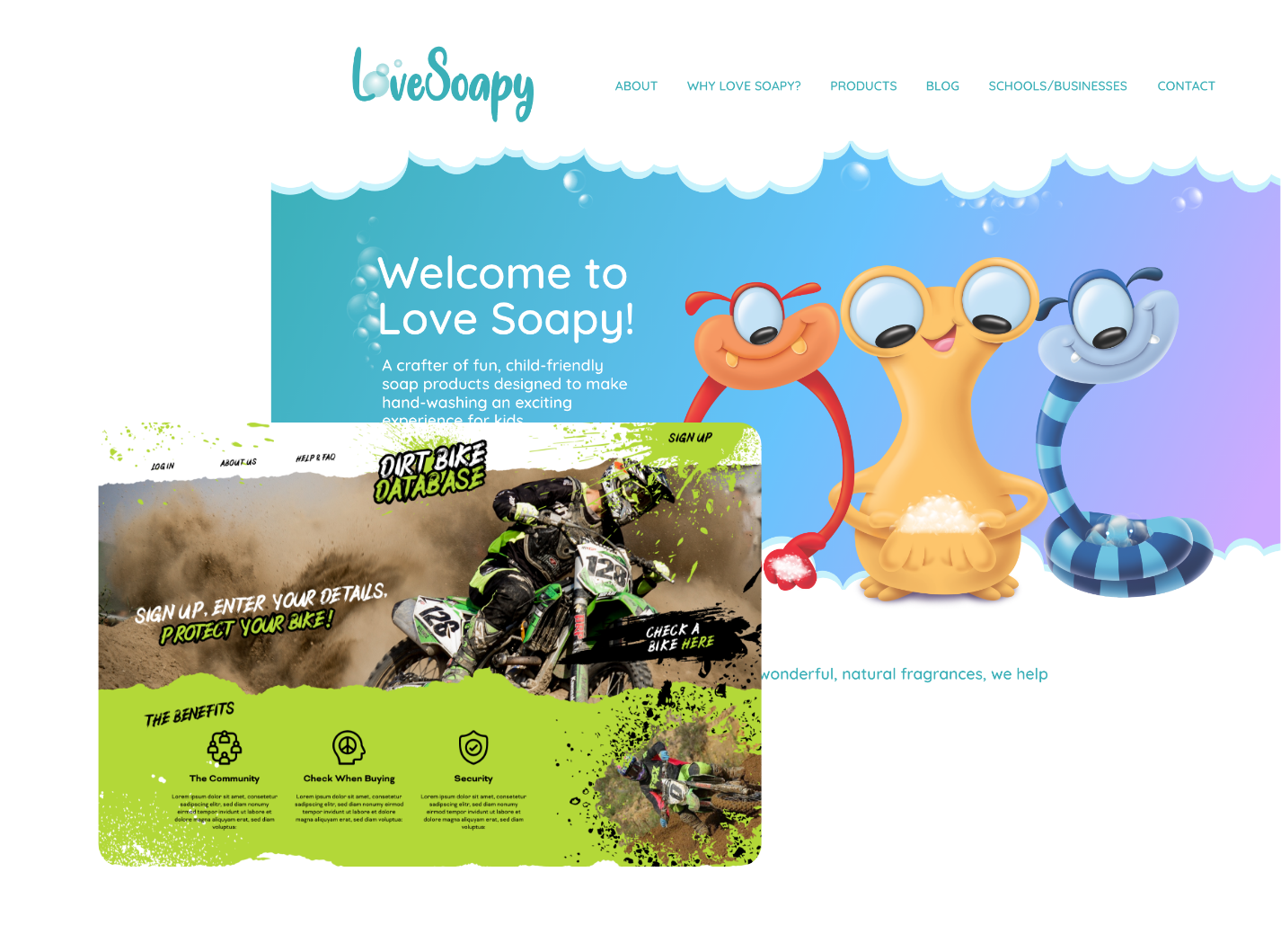 Screenshots of the websites "LoveSoapy" and "Dirt Bike Database"