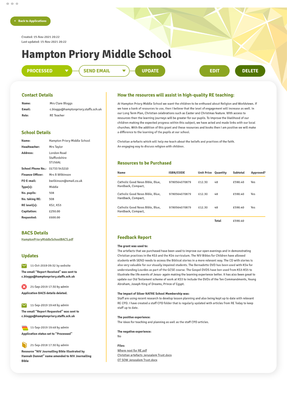 Jerusalem Trust's School Application Page