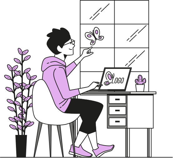 Image of a character sitting at a window and designing