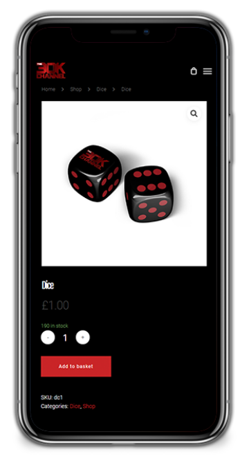 The 30K Channel e-commerce shop selling dice on iPhone
