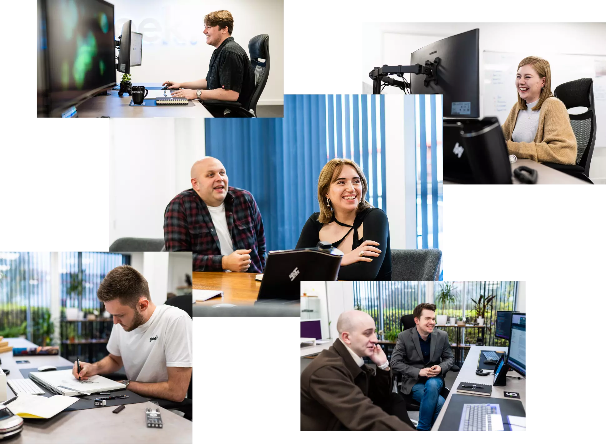 A collage of Geek Design team members working in the office.